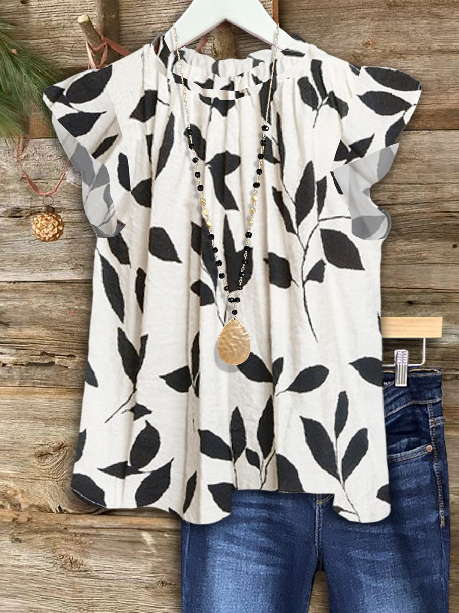 Natural Print Ruffled Casual Blouse