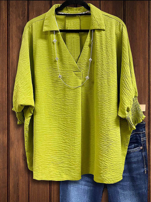 Solid Color Pleated Loose Casual Blouse