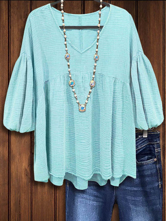 Solid Color Lantern Sleeve Casual Blouse