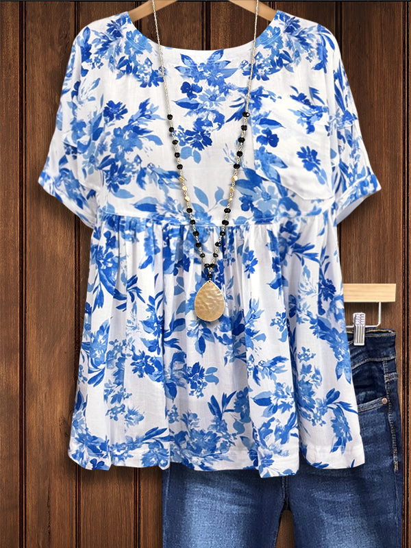 Blue And White Floral Casual Blouse