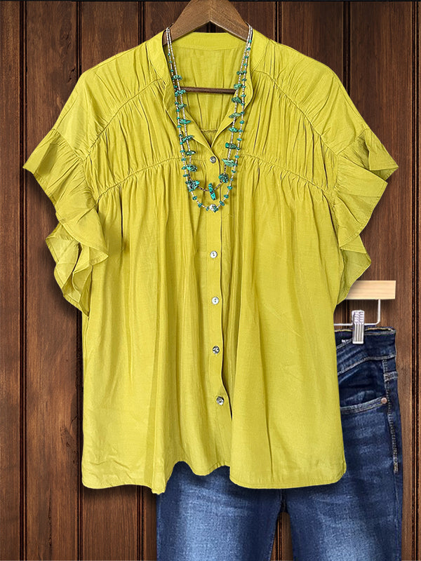 Solid Color Pleated Ruffle Casual Blouse