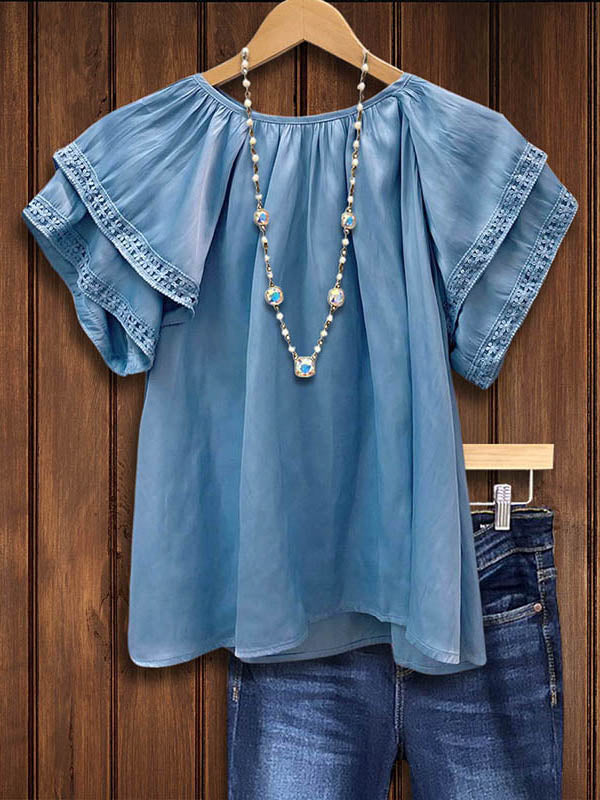Glossy Solid Color Ruffle Fashion Blouse