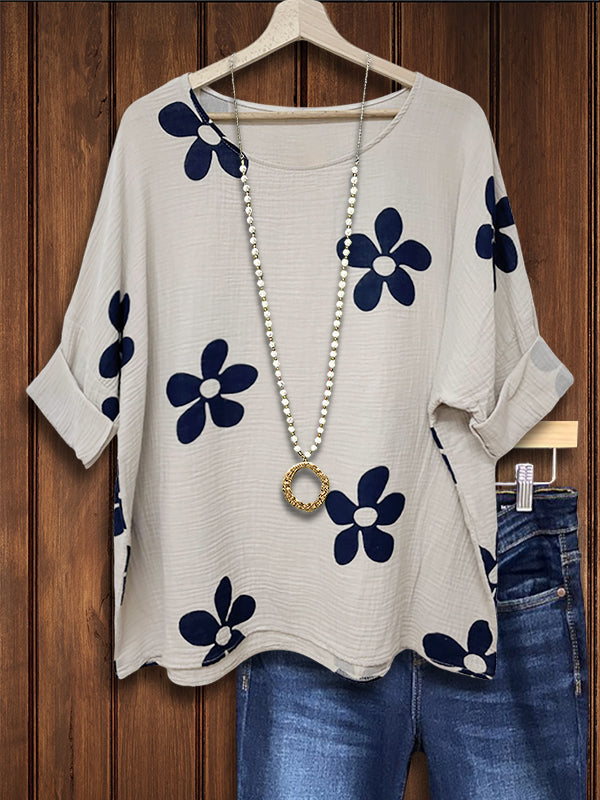 Flower Print Raglan Sleeve Casual Blouse