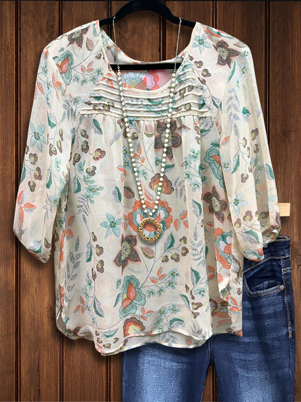 Vintage Floral Pleated Casual Blouse