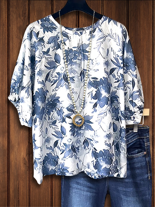 Ink Style Leaf Print Casual Blouse