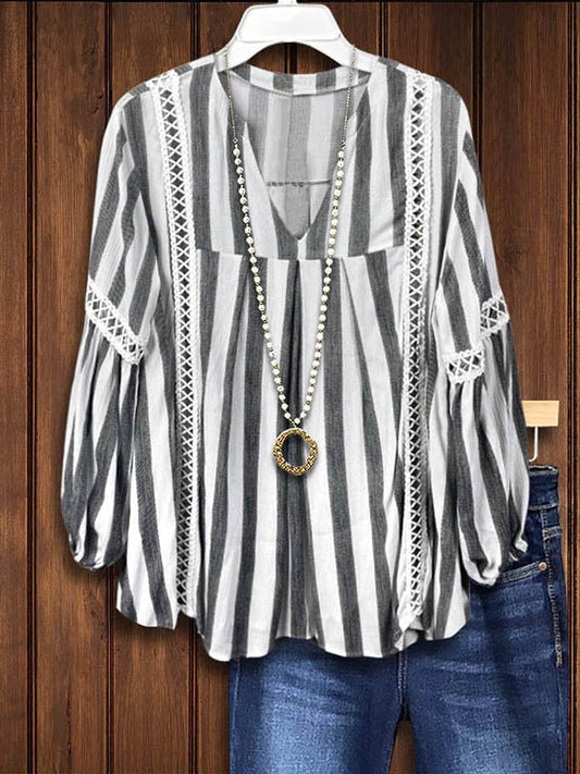 Classic Striped Lace Patchwork Casual Blouse