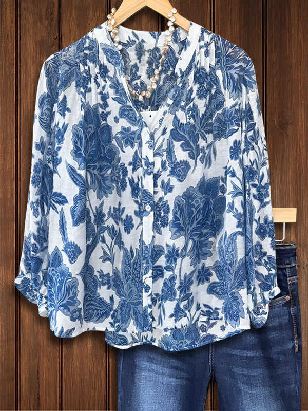 Classic Blue And White Versatile Casual Blouse