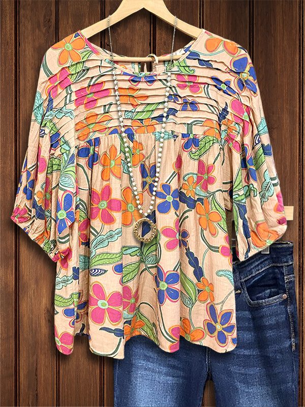 Colorful Floral Pleated Casual Blouse