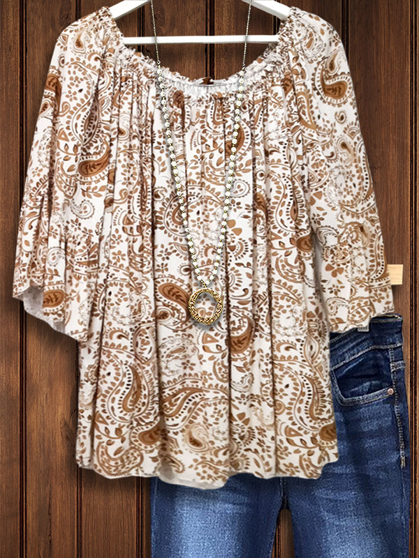 Retro Ethnic Style Cashew Flower Print Casual Blouse