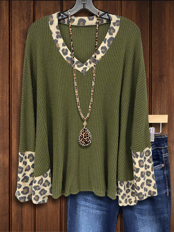 Waffle Leopard Panel Casual Blouse