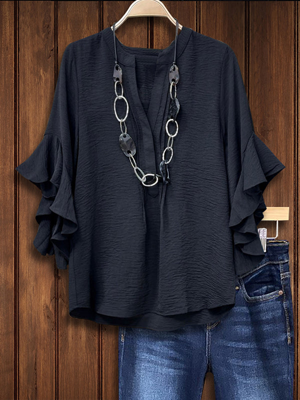 Solid Color Ruffled Casual Blouse