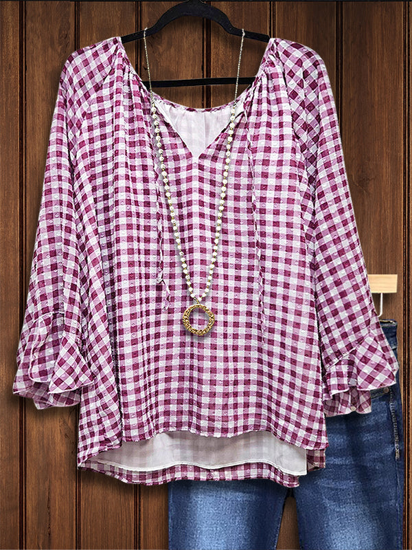 Textured Plaid Ruffle Casual Blouse