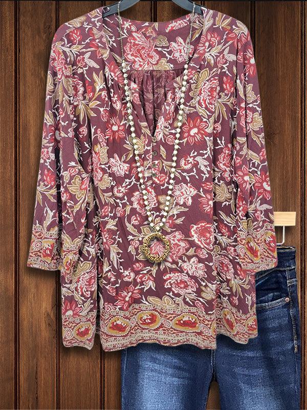 Retro Ethnic Floral Casual Blouse