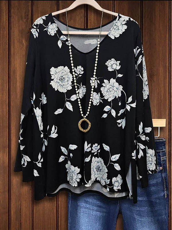 Black And White Floral Ruffle Casual Blouse