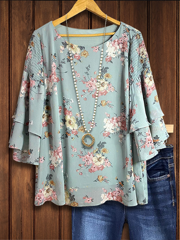 Floral Print Ruffled Casual Blouse