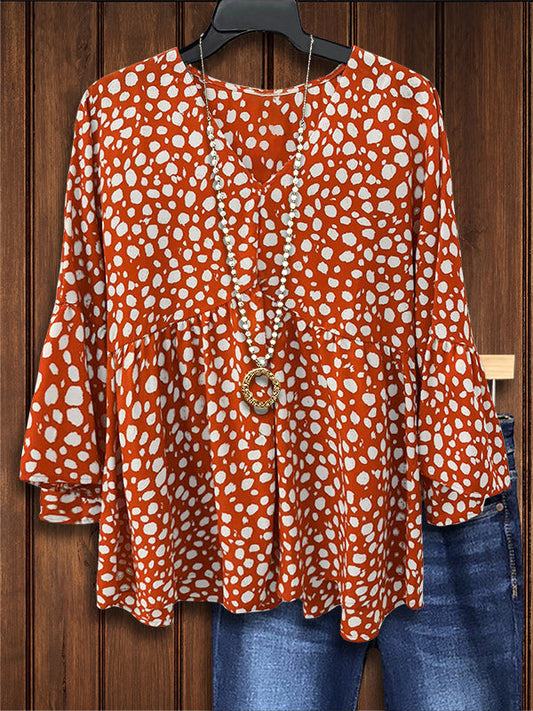 Irregular Dot Printed Ruffled Casual Blouse