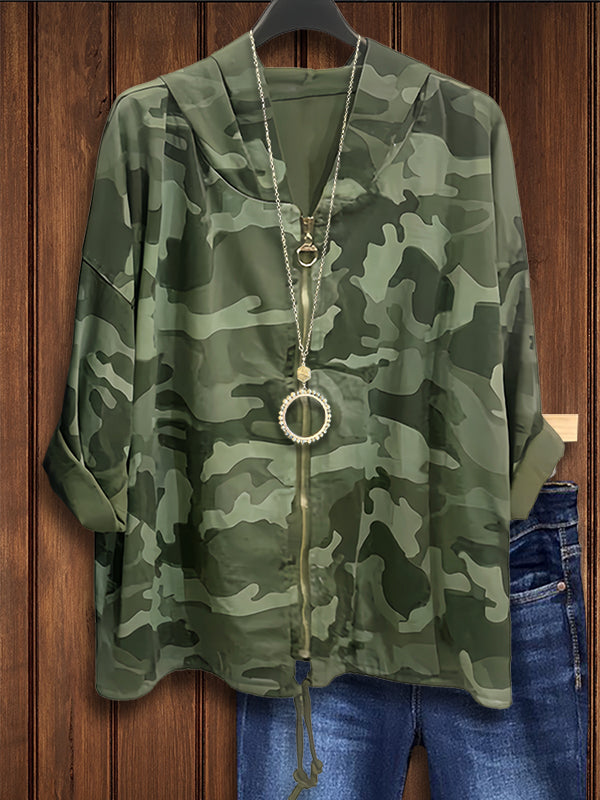 Camouflage Print Drawstring Hooded Stylish Jacket