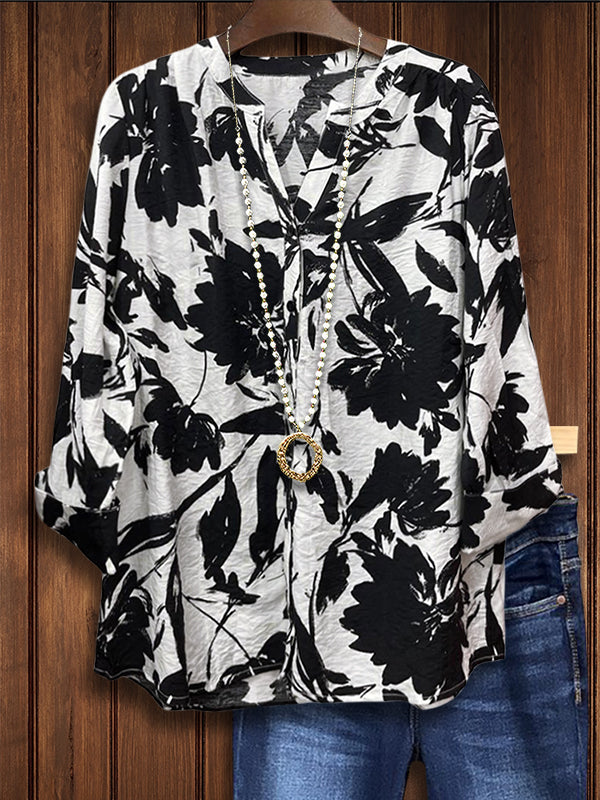 Black and White Floral Casual Blouse