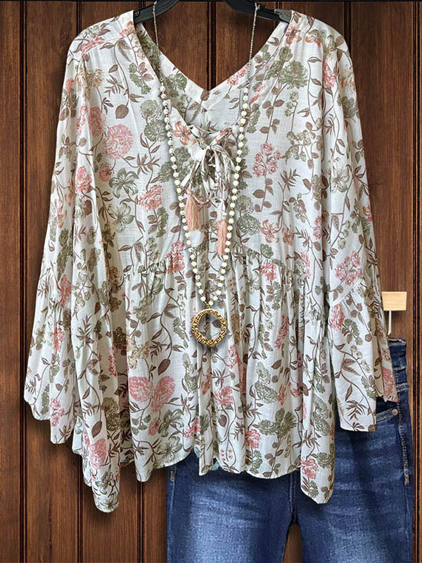 Natural Floral Ruffle Casual Blouse