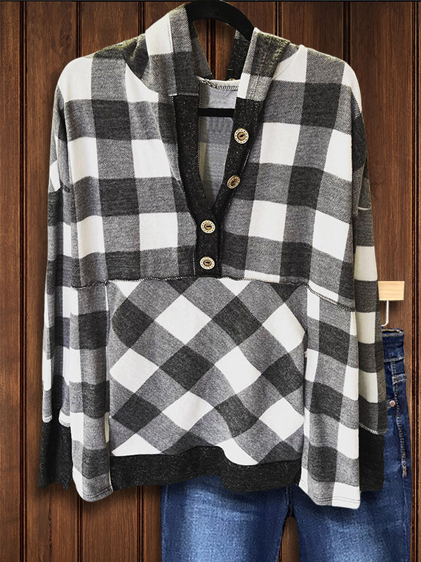 Classic Black And White Plaid Hooded Casual Sweatshirt