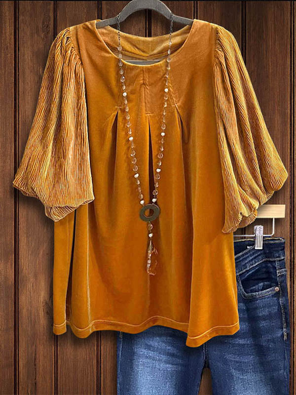 Velvet Paneled Pleated Casual Blouse