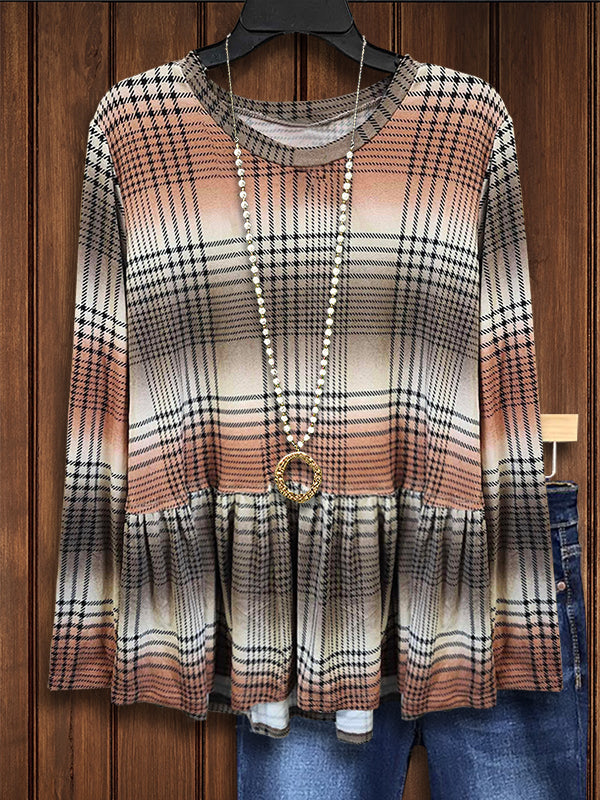 Gradient Plaid Pleated Casual Blouse