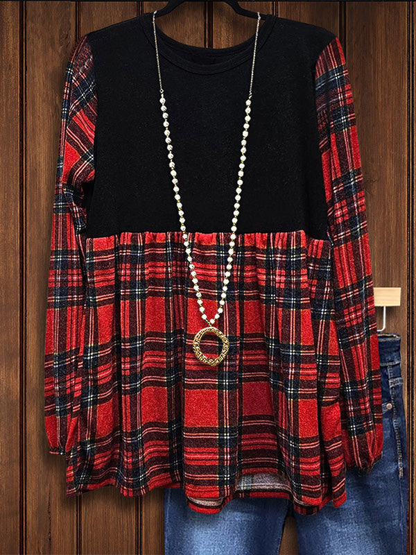 Classic Red Plaid Patchwork Casual Blouse