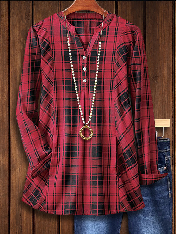 Classic Red Plaid Casual Blouse