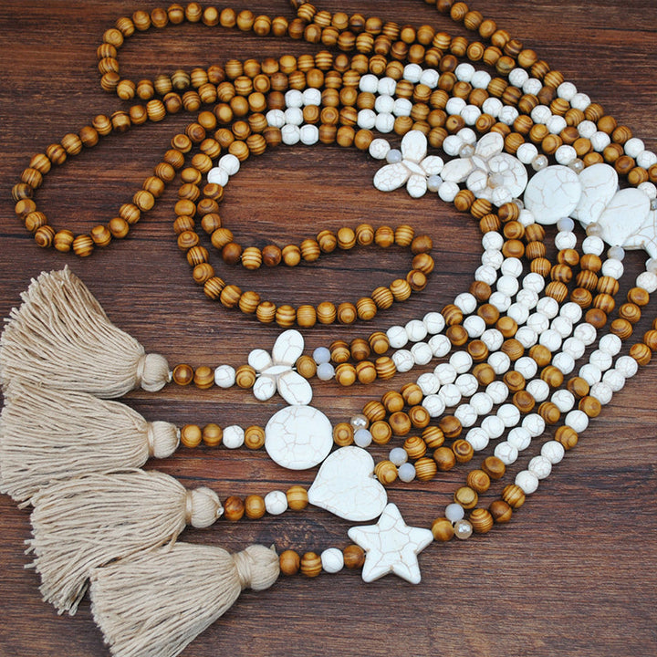 Ethnic Wooden Bead Handmade Tassel Necklace
