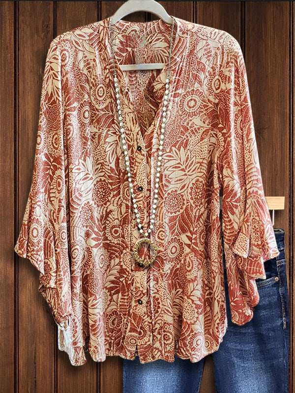 Ethnic Natural Print Ruffled Blouse