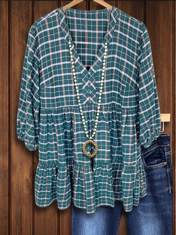 Vintage Plaid Ruffled Casual Blouse