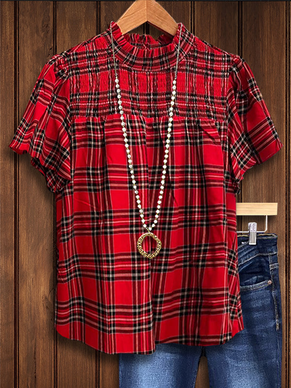 Classic Red Plaid Ruffled Blouse