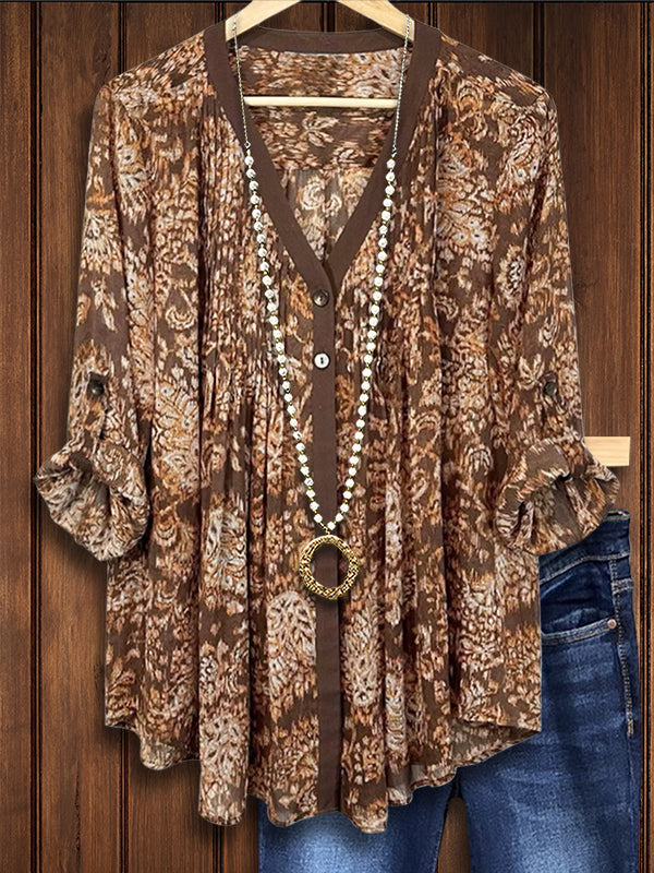 Ethnic Style Natural Print Casual Blouse