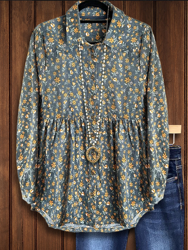 Vintage Floral Corduroy Casual Blouse