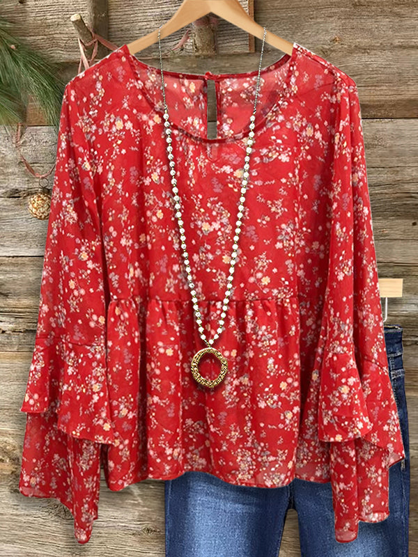 Vintage Floral Ruffle Sleeve Blouse