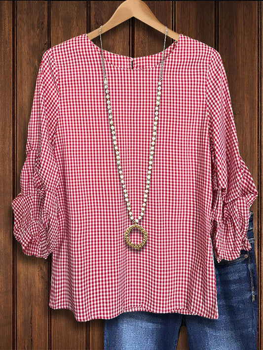 Vintage Red Plaid Pleated Blouse