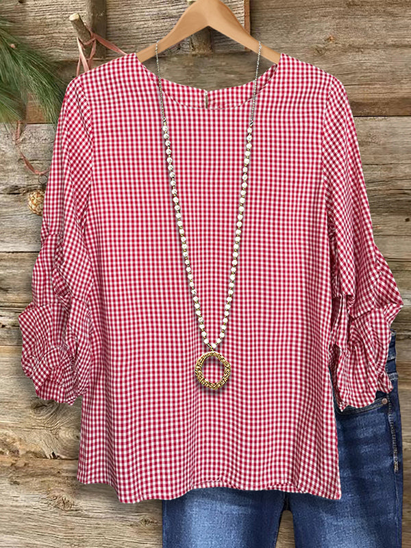 Vintage Red Plaid Pleated Blouse