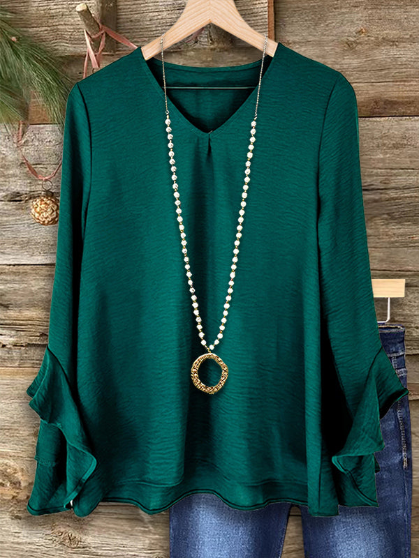 Solid Color Ruffle Sleeve Versatile Blouse