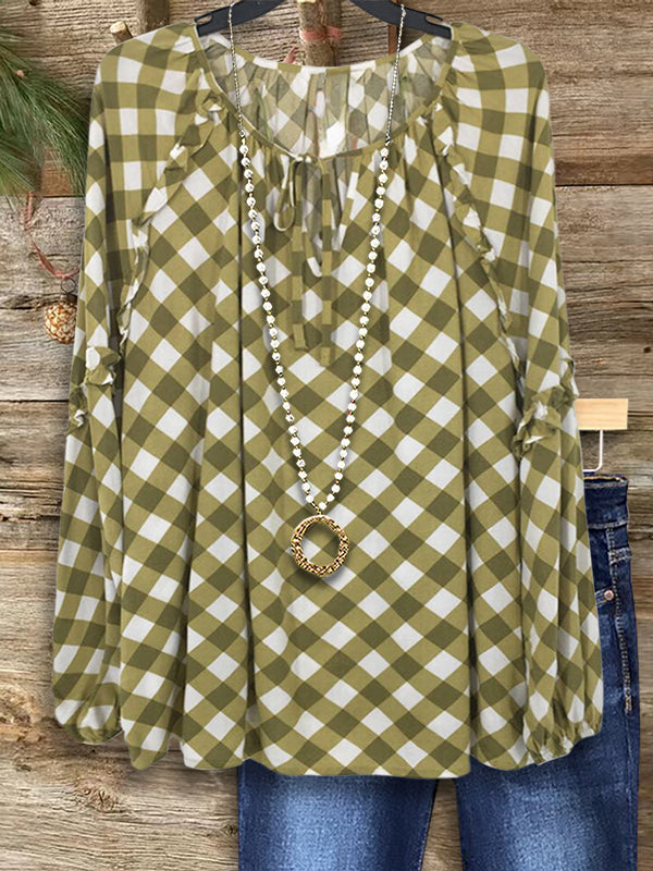 Plaid Print Ruffled Casual Blouse