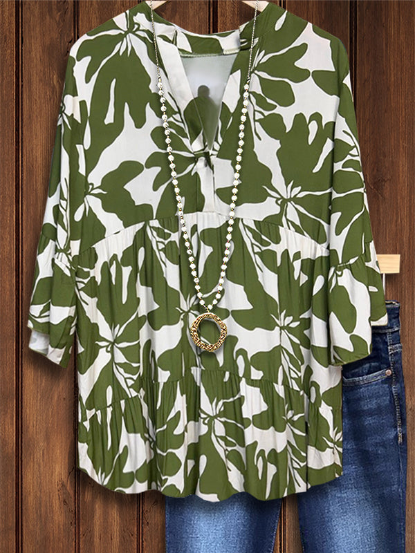 Leaf Print Ruffled Casual Blouse