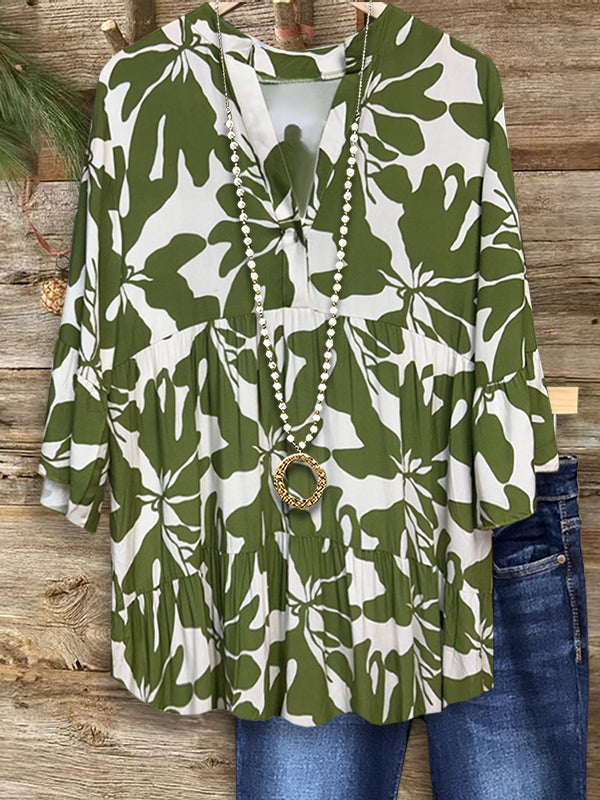 Leaf Print Ruffled Casual Blouse