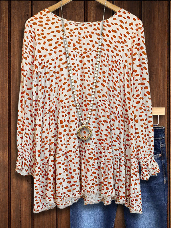 Dotted Print Ruffle Casual Blouse