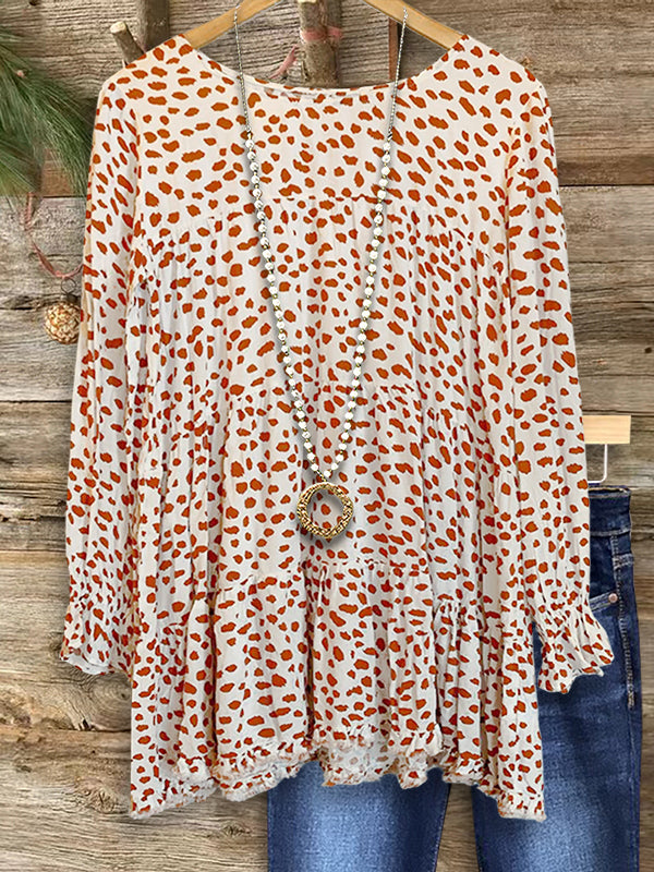 Dotted Print Ruffle Casual Blouse