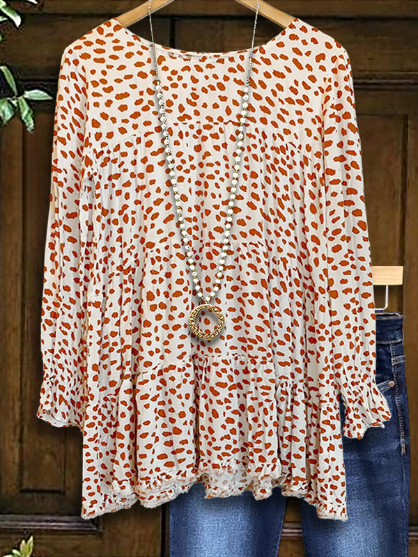 Dotted Print Ruffle Casual Blouse