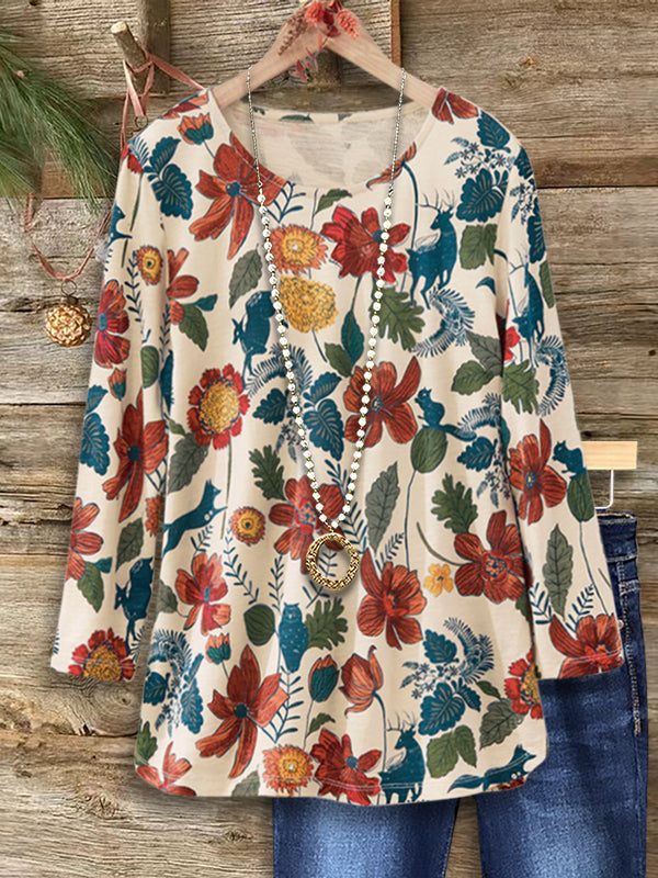 Natural Floral Print Casual Top