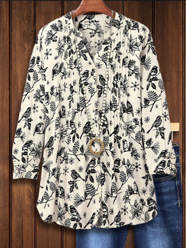 Natural Print Pleated Casual Blouse