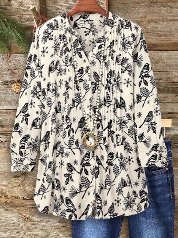 Natural Print Pleated Casual Blouse