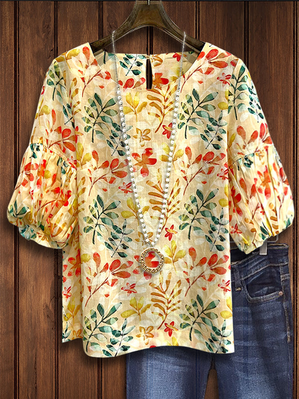 Colorful Leaf Print Puff Sleeve Blouse