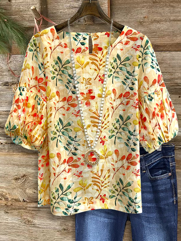 Colorful Leaf Print Puff Sleeve Blouse