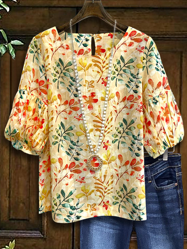 Colorful Leaf Print Puff Sleeve Blouse